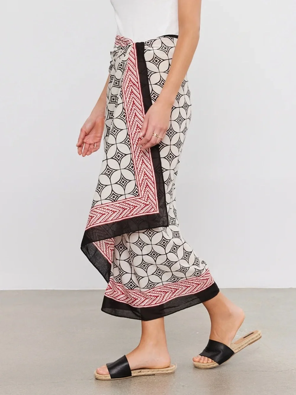 Printed Black & Cream Wrap Skirt with Red Trim - Picture 2 of 6